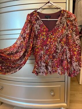 STATE Floral V-Neck Peplum Blouse in Burgundy, Pink and Yellow